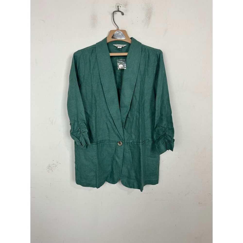 Coldwater Creek Teal Green 100% Linen Ruched 3/4 Sleeve Blazer Jacket Size 10